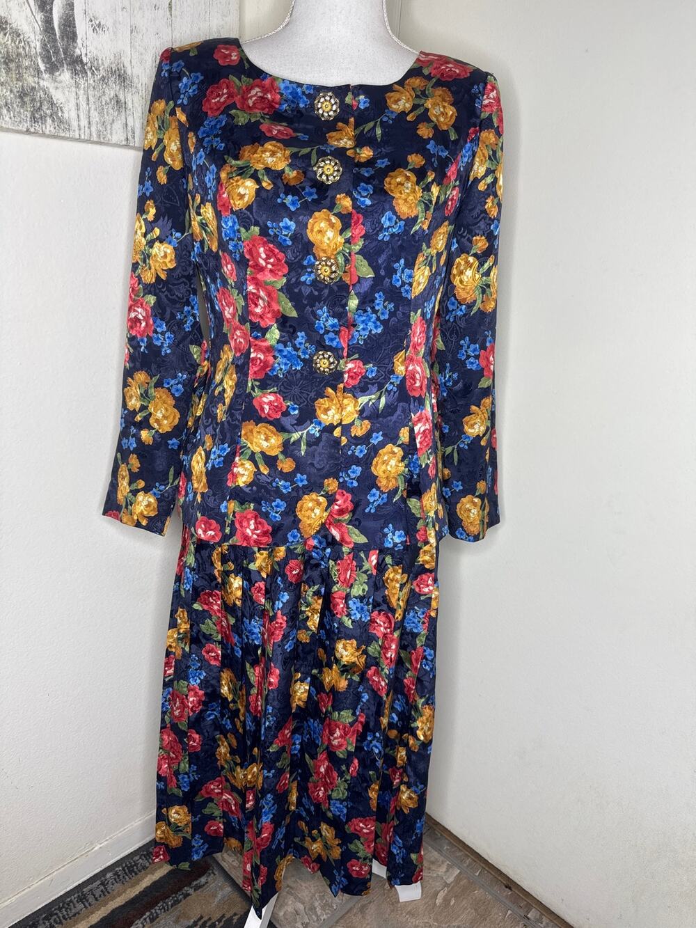 VTG 80s 90s Leslie Fay Floral Jacquard Skirt Set Navy Blue Ornate Buttons 8P